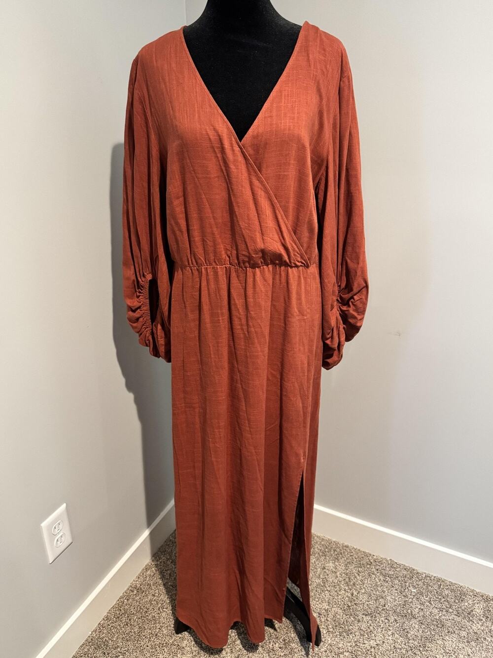 Eloquii Wrap Dress Womens 14 Rust Orange Linen Maxi Balloon Sleeve Side Slit